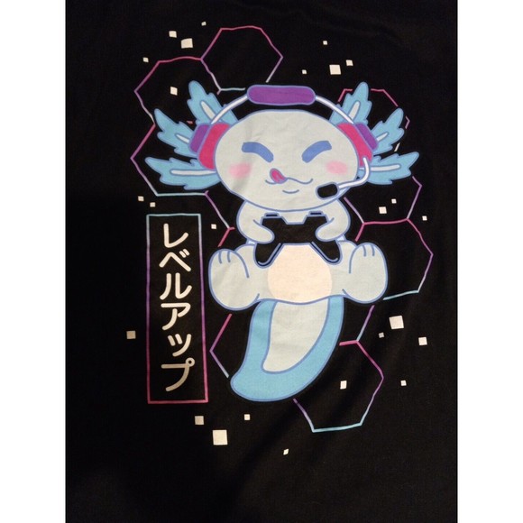 Hot Topic Unisex 100% Cotton Black Printed Axolotl Level Up T-shirt Size M - Picture 8 of 8